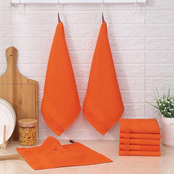 Homaxy 100% Cotton Dish Cloths, 8 Pack - 12 x 12 Inches, Waffle Weave Super Soft and Absorbent Dish Towels Quick Drying Dishcloths, Orange