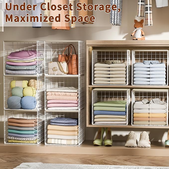 4 Pack Closet Organizers and Storage with Wood Top, Stackable Closet Shelf Organizer, Double Storage Design, Clothes Storage Basket/Cube Organizer for Wardrobe, Sturdy, White (Patent Pending) ﻿
