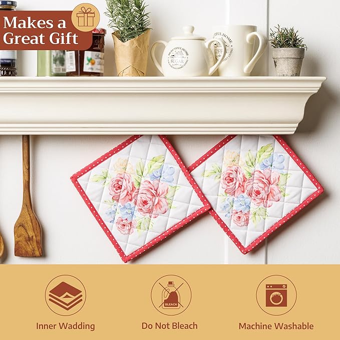Maison d' Hermine Pot Holders 100% Cotton Heat Resistant Potholders 8" x 8" Hot Pads with Loop BBQ Cooking Baking Gifts for Mothers Day Handling Hot Pans Spring/Summer (Pack of 2, Vintage Floral)