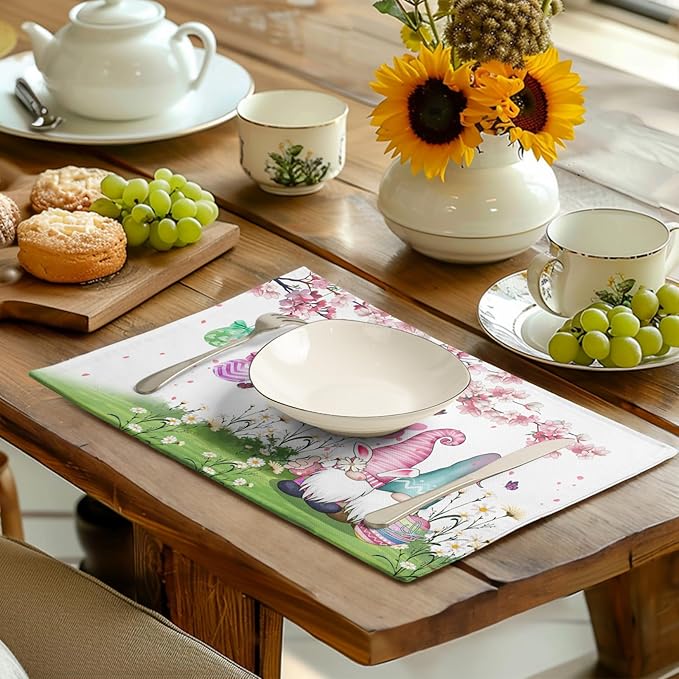 Easter Gnomes Bunny Placemats Set of 4 Easter Eggs Flowers Place Mat 12x18 Inch Seasonal Spring Farmhouse Washable Linen Table Mats for Party Kitchen Dining Outdoor Indoor Decor