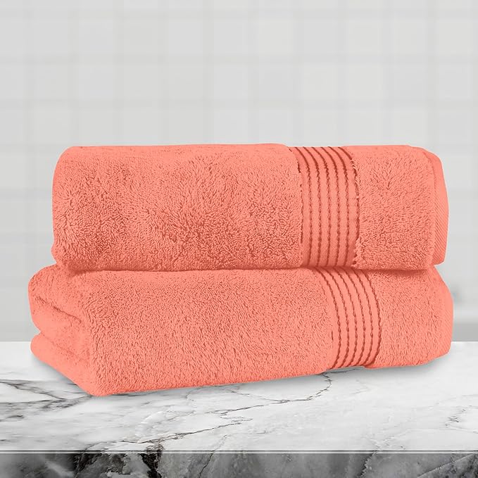 Mocassi Luxury 100% Turkish Cotton 2-Pack Bath Towel Set- Ultra Soft, Quick Dry Highly Absorbent 27 x 54 inch Premium Spa Hotel Quality 2PC Bath Towels - Luxurious Soft Bathroom Towels, Coral