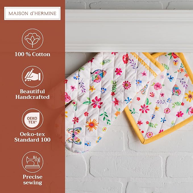 Maison d' Hermine 100% Cotton Oven Mitt & Pot Holder Set (7.5"x13" & 8"x8") Heat Resistant BBQ Cooking Gloves with Loop Kitchen Gifts for Mothers Day Spring/Summer (Happy Florals - Sweety)