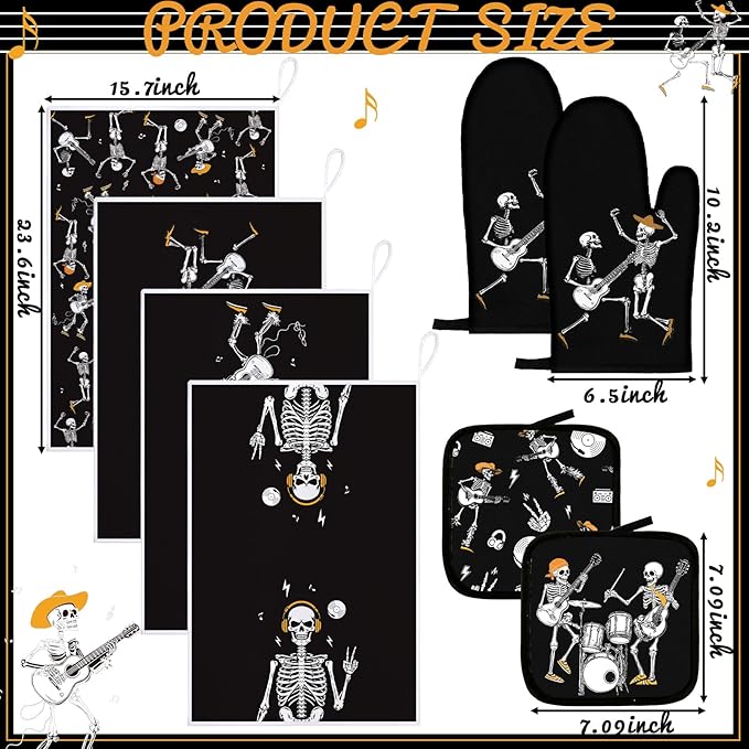 Leinuosen 8 Pcs Skull Kitchen Decor Set Kitchen Towels Gothic Oven Mitts and Pot Holders Skeleton Hand Dish Towels Horror Oven Mitts for Home Decoration Party Gifts (Modern Color,Music)