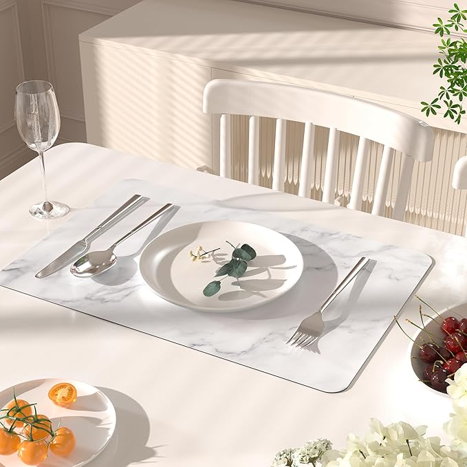 QIYI Placemats Set of 4, 12x18 Inch Faux Leather Place Mats for Kitchen Dinning, Heat Resistant Anti Slip Table Mats, Waterproof Wipeable Washable Placemat Party Table Décor, White Marble