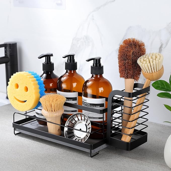 Kitchen Sink Organizer with Instant Drying Stone, Dish Sponge Holder for Kitchen Sink, Stainless Steel Kitchen Brush Holder