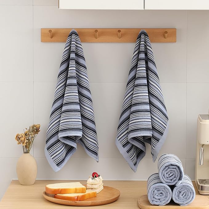 SALAS Premium Kitchen Dish Towels for Drying Dishes, Large Cotton Kitchen Towels, Stripped Terry Dish Cloths, Thick Highly Absorbent Towel Sets with Hanging Loop, 16" X 26", 6 Packs Blue