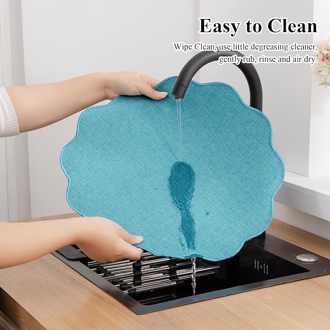 SHACOS Scalloped Round Placemats Set of 6 Polyester Linen Blend 15 inch Washable Non Slip Place Mats Easy Clean Heat Resistant Table Mats for Kitchen Dining Table Decor, Blue Green