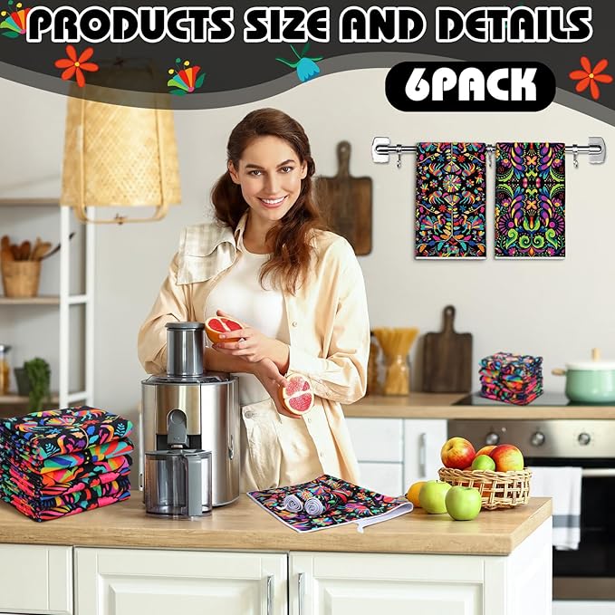 Breling Set of 6 Mexican Kitchen Towels Colorful Flowers Mexican Themed Dish Towel Bathroom Decorative Christmas Hand Cloths Decor for Holiday Kitchen Bathroom Home Cooking, 14 x 21 Inch