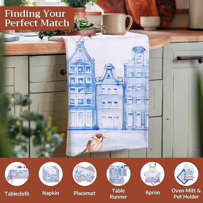 Maison d' Hermine Kitchen Towels Set of 3 100% Cotton 27.50" x 20" Reusable Cloth Tea Dish Towels Absorbent with Hanging Loop for Kitchen Gifts for Mothers Day Spring/Summer (Amsterdam Canals)