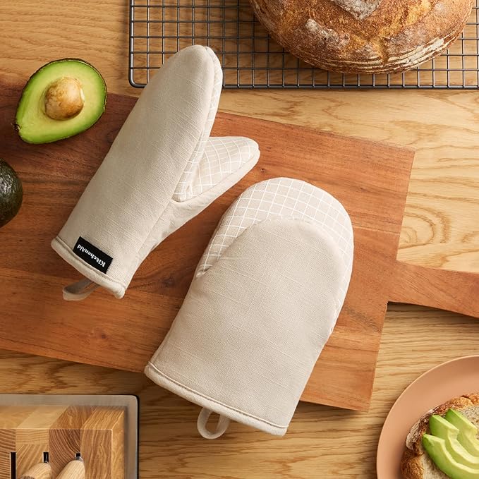 KITCHENAID Gourmet Series Gridlines Mini Oven Mitts 2-Pack Set, Heat Resistant up to 600°F, Soft Silicone Grip, Magnetic Cuff, Milkshake Tan, 5.5"x9"