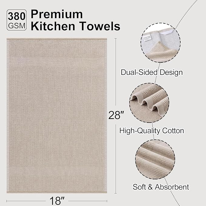 Mordimy Premium Kitchen Towels 12 Pack (18 x 28 Inches, Khaki), Large Cotton Kitchen Hand Towel, Flat & Terry Dish Towels for Drying Dishes, Super Absorbent Tea Dishtowels Set with Hanging Loop