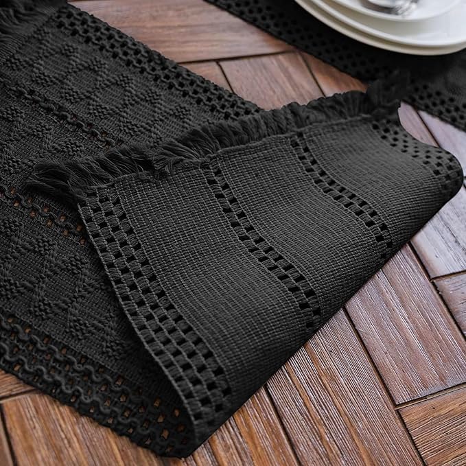 Alynsehom Macrame Table Runner Pure Black Boho Table Runners with Tassels Hand Woven Cotton Table Runner Rustic Farmhouse Table Runners for Bohemian Kitchen Dining Table(12x108in)