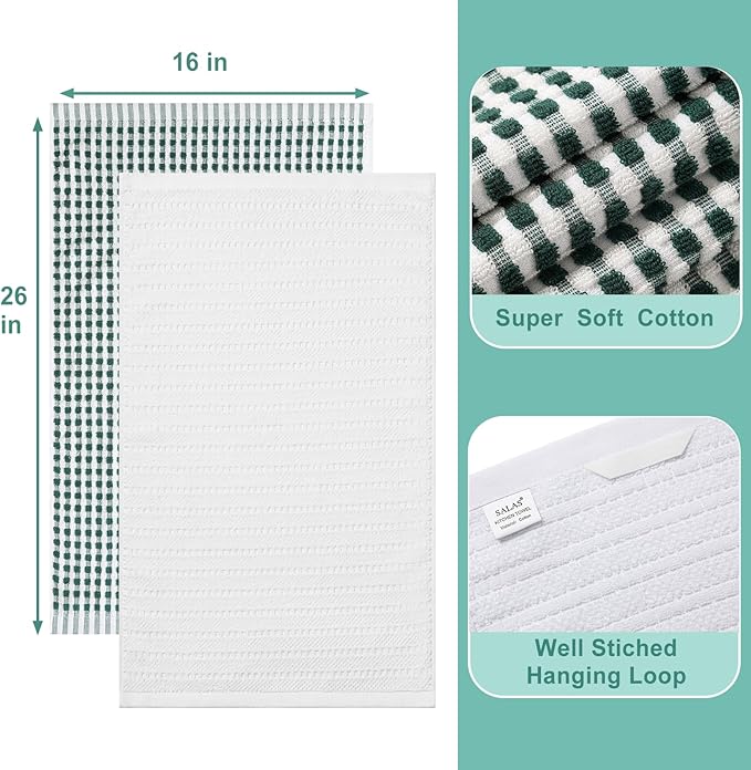 SALAS Cotton Dish Towels Cloths for Kitchen Drying Dishes, Lattice Terry Kitchen Towels, Highly Absorbent Cloths with Hanging Loop, 16‘’ x 26‘’, 4 Packs, Green and White