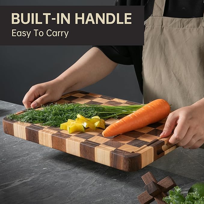 Checkered Cutting Boards for Kitchen, Acacia Wooden Chopping Board with Juice Grooves & Handles, Thickened Butcher Block for Meat, Vegetables and Fruits with Gift Box, 16" x 11" x 1.4"