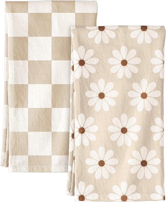 Miss Adola 2 Pack Flour Sack Kitchen Towels - 16x26 Inch Cotton Dish Towels with Hanging Loop Reusable Geometric Boho Modern Retro Tea Towel Absorbent Dishcloths Home Decor, Beige Checkered Flower