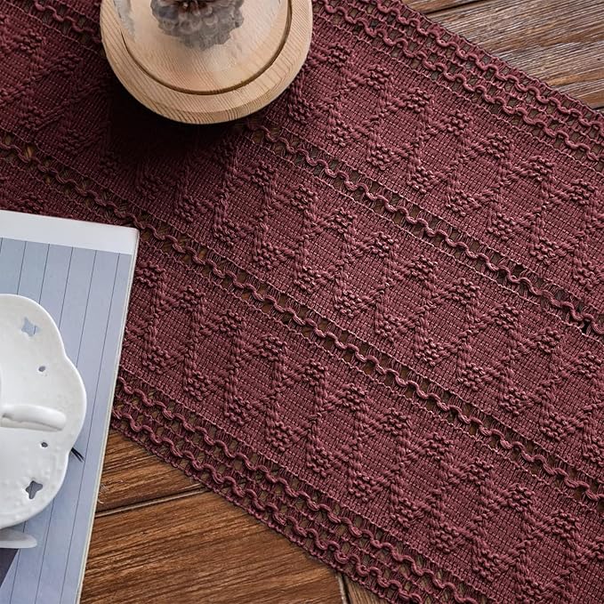 Alynsehom Macrame Table Runner Burgundy Boho Table Runners with Tassels Hand Woven Cotton Table Runner Rustic Farmhouse Table Runners for Bohemian Kitchen Dining Table(12x36in)