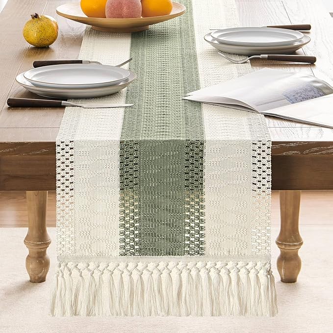 ZeeMart Macrame Style Bicolor Stitching Table Runner, 14 x 108 Inch Green/Ivory, Boho Sage Green Table Runners 108 Inches Long, Farmhouse Woven Home Decor