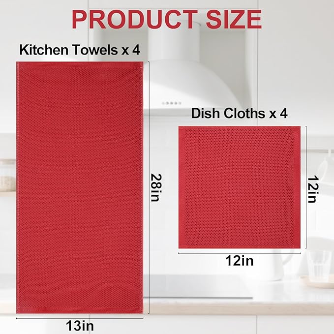 Homaxy 100% Cotton Kitchen Towels and Dishcloths Set, 12 x 12 Inches and 13 x 28 Inches, Set of 8 Bulk Kitchen Towels Set, Ultra Soft Absorbent Dish Cloths for Washing Dishes, Red