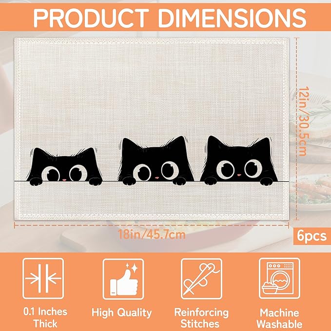 Cute Black Cats Placemats Set of 6,Washable Kitchen Dining Linen Table Mats for Home Party Dinner Indoor Outdoor 12x18Inch