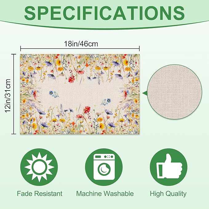 Spring Place Mats Set of 4 12x18 inch for Dinning Table - Blooming Floral Spring Table Decor, Party - Farmhouse Flower Seasonal Table Mats Decroations for Home