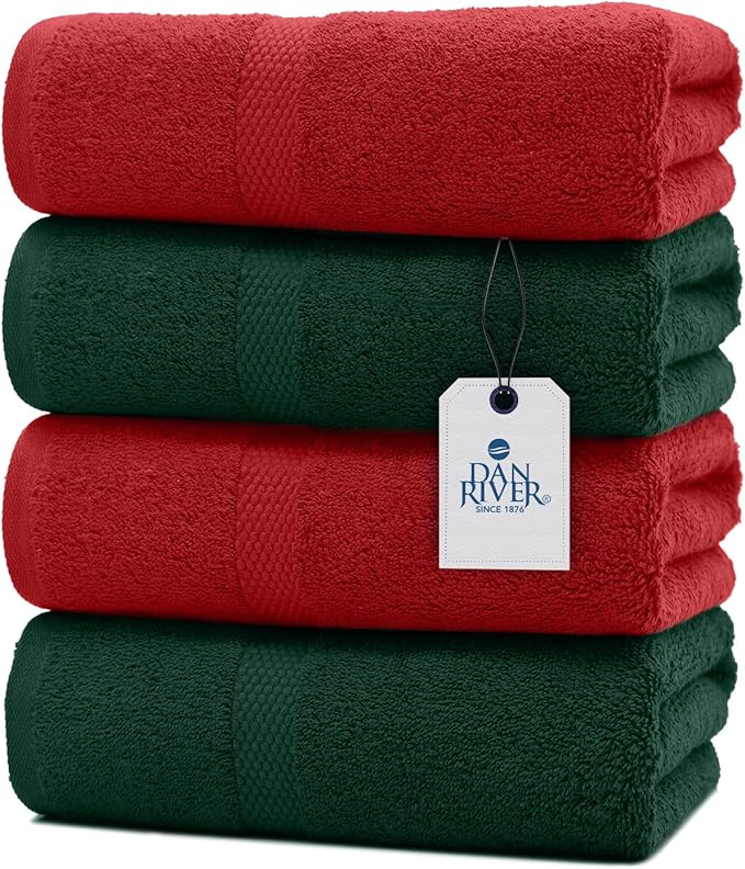 DAN RIVER Decorative Bath Towels Set of 4, 27 x 54 Inches for Your Loved Ones or a Festive Treat for Yourself. 100% Cotton, Larger & Lighter Weight, Ideal Red & Green Bath Towels.