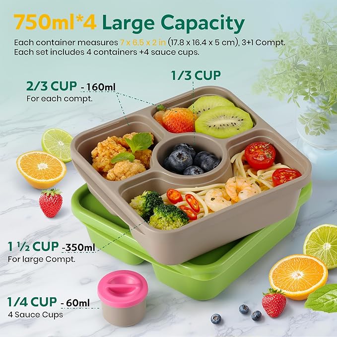 QQKO Bento Snack Box Containers for Adults Kids, Meal Prep Containers Reusuable Bento Lunch Box, Lunchable Food Storage Containers with Lids and Sauce Cups, Retro Brown