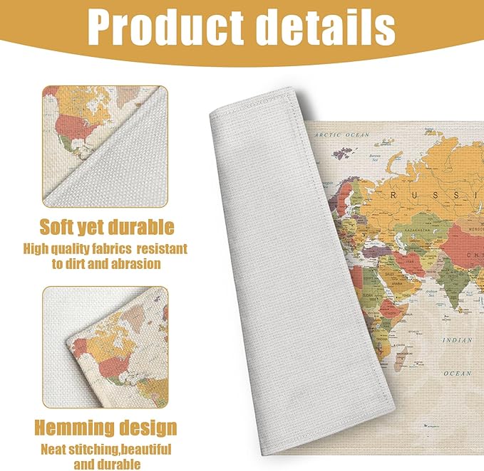 World Map Placemats Set of 6, Linen Place Mat Washable Stain Resistant Table Mats for Farmhouse Kitchen Dining Holiday Party Wedding Decor 12x18 Inch