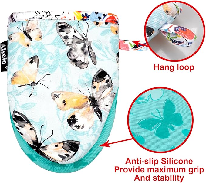 Alselo Mini Oven Mitts,2pk - Silicone Little Kitchen Gloves, Heat Resistant with Non-Slip Grip and Soft Quilted Cotton Lining for Safe Backing Cooking Barbecue (Turquoise, Butterfly)
