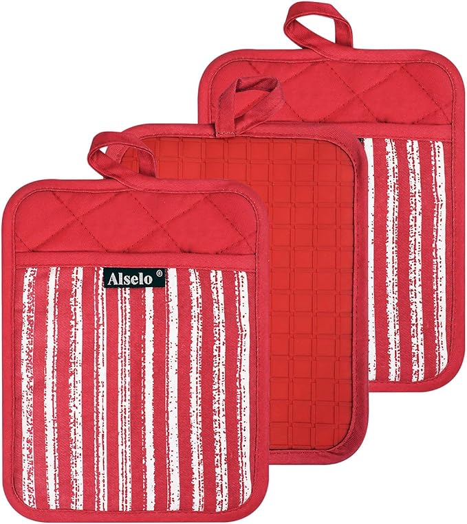 Alselo Silicone Pot Holders Set of 3 Heat Resistant & Non Slip Potholders, Professional Oven Hot Pads with Pockets Mitts for Kitchen Cooking Baking Barbecue (3, Red)