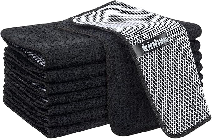 KinHwa Kitchen Washcloths for Dishes Absorbent Microfiber Dish Cloths Quick Dry Dish Rags with Poly Scour Scrub Side Ideal for Kitchen Cleaning (Dark-Black, 9inchx9inch 9 Pack)