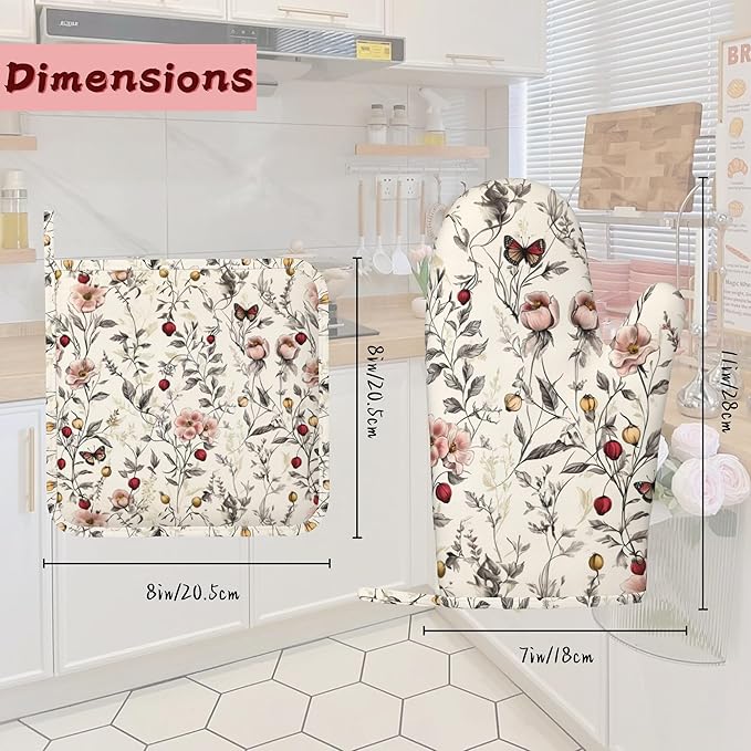 Retro Pink Floral Butterfly Heat-Resistant Silicone Oven Mitts and Pot Holders,Long Oven Gloves with Non-Slip Grip for Cooking, Baking, Grilling,BBQ