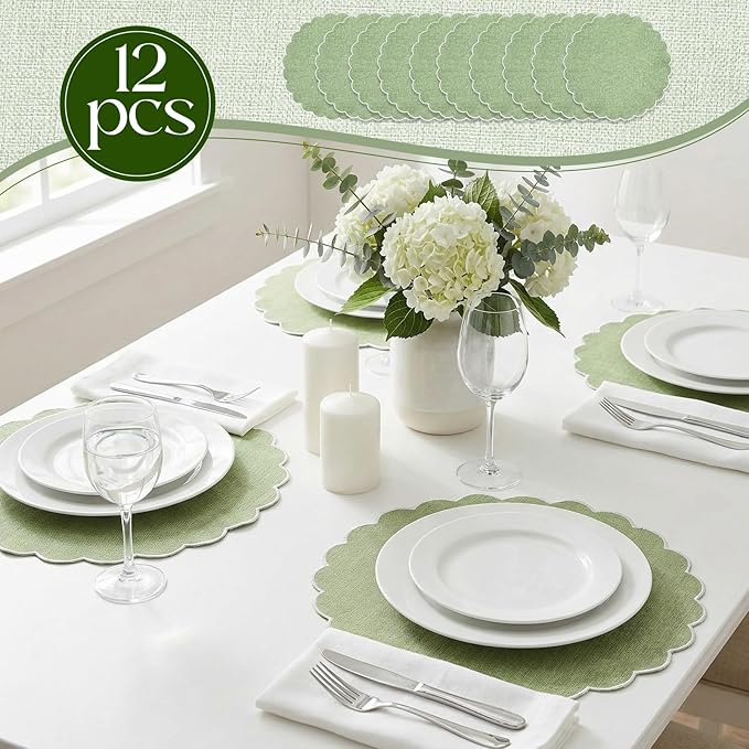 Set of 12 Sage Green Cotton Placemats 15 Inch Round Scalloped Embroidery Placemats Washable Double Layered Rustic Table Mat Fabric Napkins for Wedding Table Decor