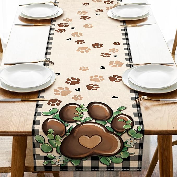 Cat Dog Paw Prints Table Runner, Buffalo Plaid Check Farmhouse Kitchen Dining Table Decoration Pet Lover Gifts, Eucalyptus Leaves Burlap Indoor Outdoor Home Decor Party Supply 13 x 90 Inches