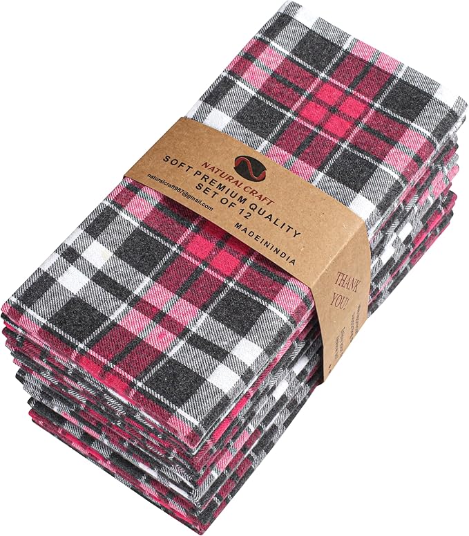 NATURALCRAFT Dinner Cloth Napkin Cotton LinenBlend Fabric Mitered Corners for Every Day Use Napkins are Pre Shrunk and Good Absorbency Yarn Dyed Check (18x18, Multi Color Check (Fuchsia Black))