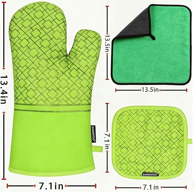 Oven Mitts and Pot Holders Sets 6pcs, Kitchen Oven Glove,High Heat Resistant 550 Degree Extra Long Oven Mitts and Potholders with Non-Slip Silicone Surface for Home Essentials (Grey) (Meadow Green)
