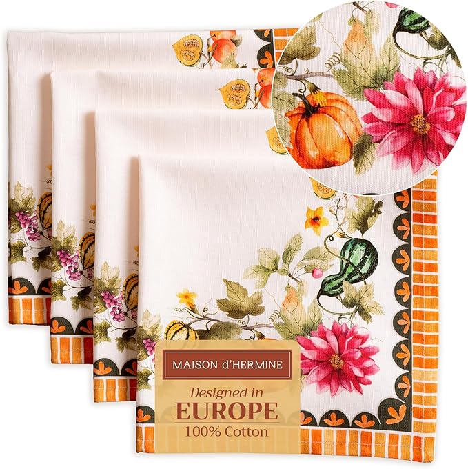 Maison d' Hermine Cloth Napkins Set of 4 100% Cotton for Thanksgiving Christmas Decorations Everyday Reusable Square Fall Napkins Cloth Washable Dinner Party (Pumpkin Garden - Cloudy Cream, 20"x20")