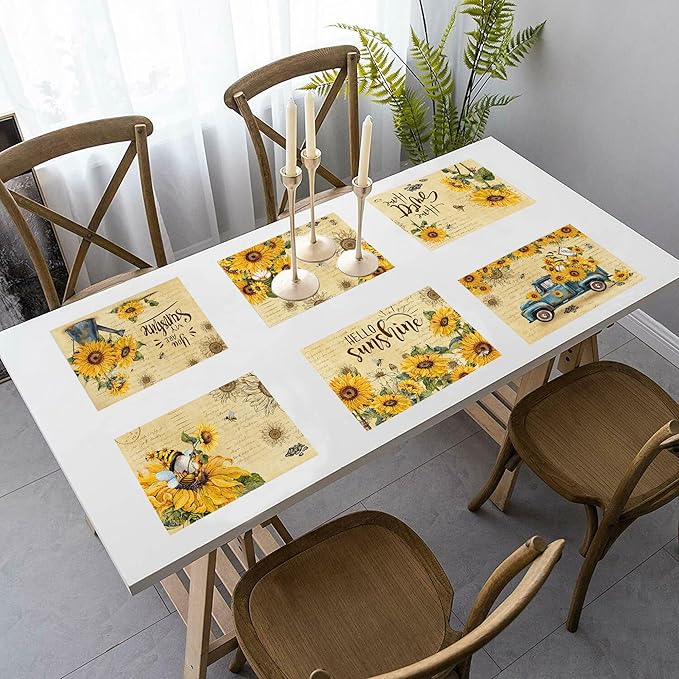 pinata Sunflower Linen Square Spring Placemats Set of 6, Sunflower Table Decor, Vintage Spring Summer Gnome Truck Washable Table Mats for Farmhouse Holiday Indoor Outdoor Party Dining Decoration