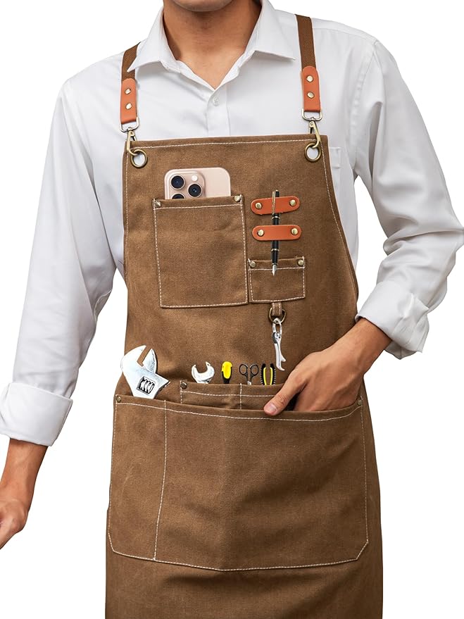 KITCHIEF Woodwork Aprons for Men,Tool Apron with loop and Pockets,Cross Back Heavy Duty Workshop Apron for Carpenter,Garden