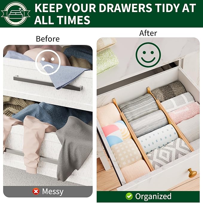 Dunruz 4 Pack Bamboo Drawer Dividers 2.6" High,Adjustable Spring Loaded Clothes Drawer Organizers for Kitchen, Dresser, Bathroom, Bedroom and Office