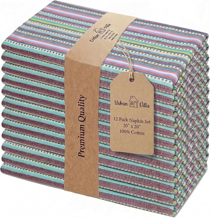 Urban Villa Cloth Napkins Set of 12 20x20 Inches 100% Cotton Napkins Cloth Washable Durable Reusable Absorbent Table Dinner Napkins Cloth for Hotel Lunch Restaurant Weddings Parties – Blue Stripes