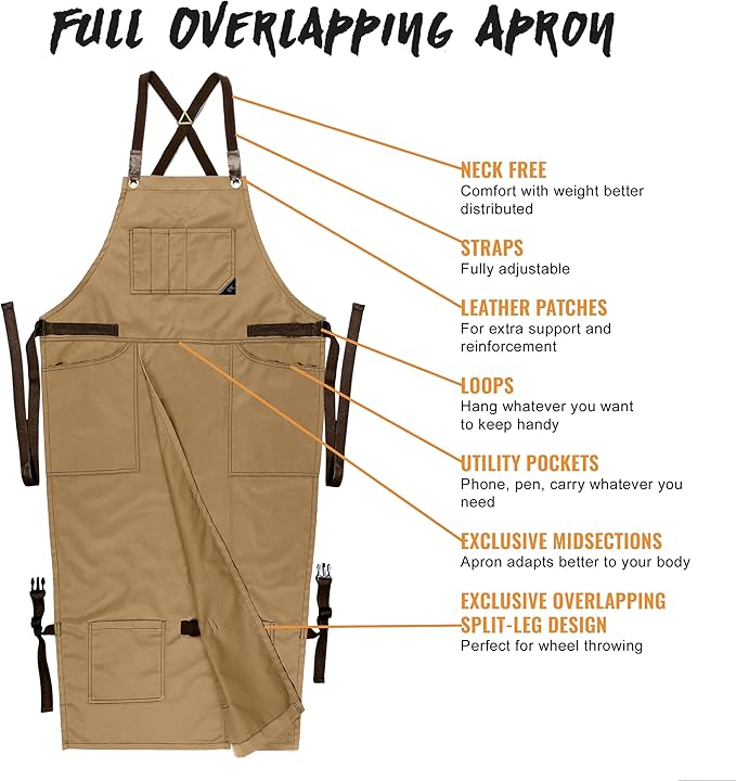 Under NY Sky Pottery Beige Apron - Full Cover Cross-Back, Professional Twill, Leather Reinforcement, Overlapping Split-Leg - Adjustable for Men, Women - Pottery Artist, Ceramics