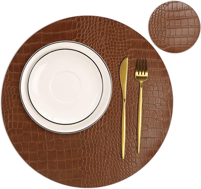 Round Leather Placemats for Round Tables Set of 8, Brown Table Place Mats and Coasters, Washable Easy to Care for Indoor Decor 13" Diameter