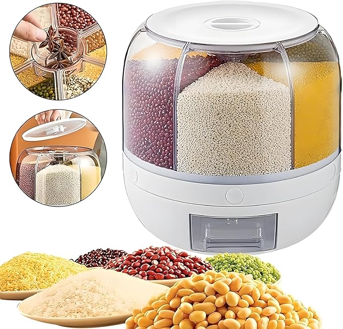 Rotating Grain Storage Bin 6 Grids Rice Container One-Click Output Large Capacity Food Dispenser For Rice Grains Sealed Moisture Proof Organizer (Small)
