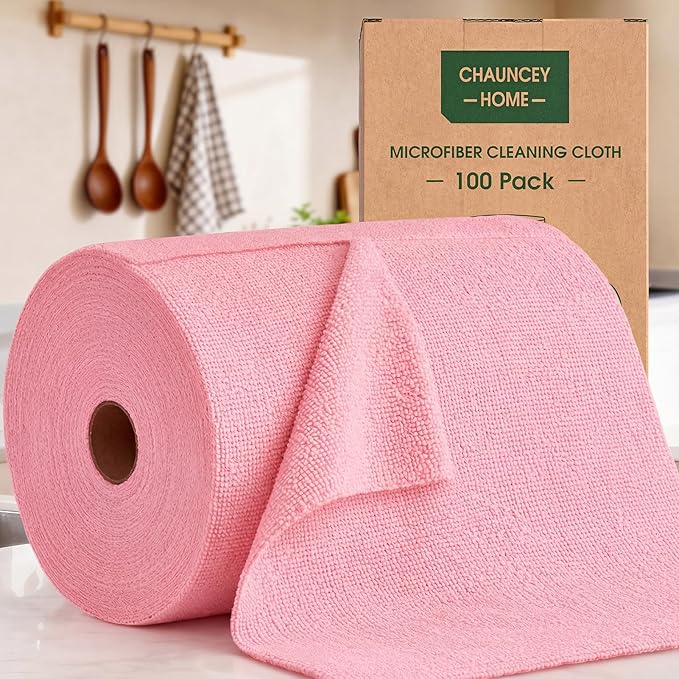 Microfiber Cleaning Cloth Roll - 100 Pack Tear Away Microfiber Paper Towels, Reusable, Washable, Scratch-Free, Kitchen Towels for Car, Home, Kitchen, Glass, Dishes(Pink)