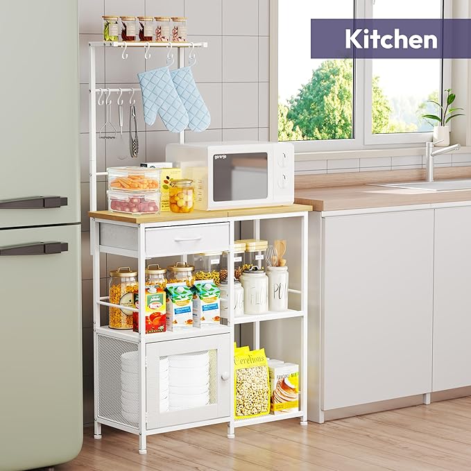 SWTYMIKI Coffee Bar with Hanging Rack - Farmhouse Coffee Stand Station Multi-Purpose Buffet Sideboard Cabinet with Drawers - Kitchen Bar Table for Living Room, Corner, Small Space, Natural