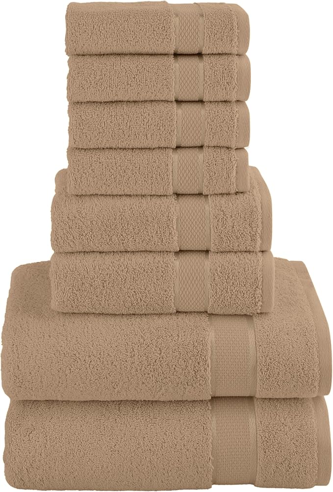 Elegant Comfort Premium Cotton 8-Piece Towel Set, Includes 4 Washcloths, 2 Hand Towels and 2 Bath Towels, 100% Turkish Cotton - Highly Absorbent and Super Soft Towels for Bathroom, Taupe