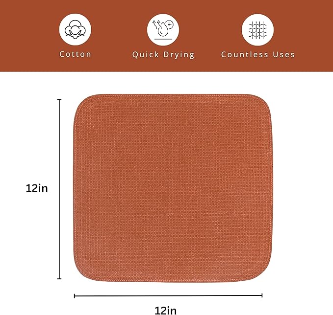 PurpleEssences Rust Dish Cloths and Dish Rags - 6 Pack Waffle Weave Solid Kitchen Dish Wash Cloths, 100% Cotton, 12x12 Inches, Ultra Soft Absorbent Quick Drying - Spring Easter Summer - Rust