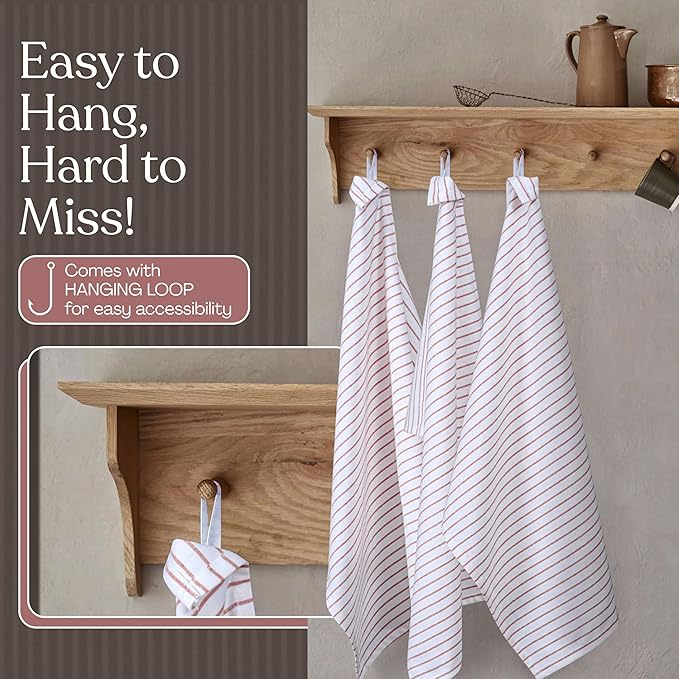 Rust Stripe Dish Towels, 12 Pack, 100% Cotton, Super Absorbent and Quick Dry, Classic Striped Kitchen Towel Set, Durable Wash Cloths for Kitchen Use, Cleaning & Drying Dishes