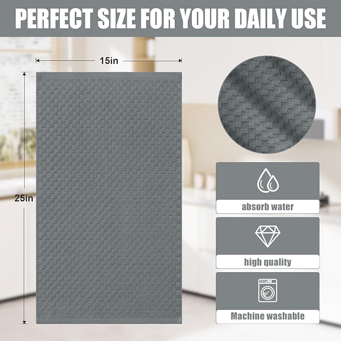 Homaxy 100% Cotton Terry Kitchen Towels(15" x 25", 12 Pack), Soft and Super Absorbent Dish Towels, 380 GSM Reusable Tea Towel with Hanging Loop, Pineapple Grid Designed, Dark Grey