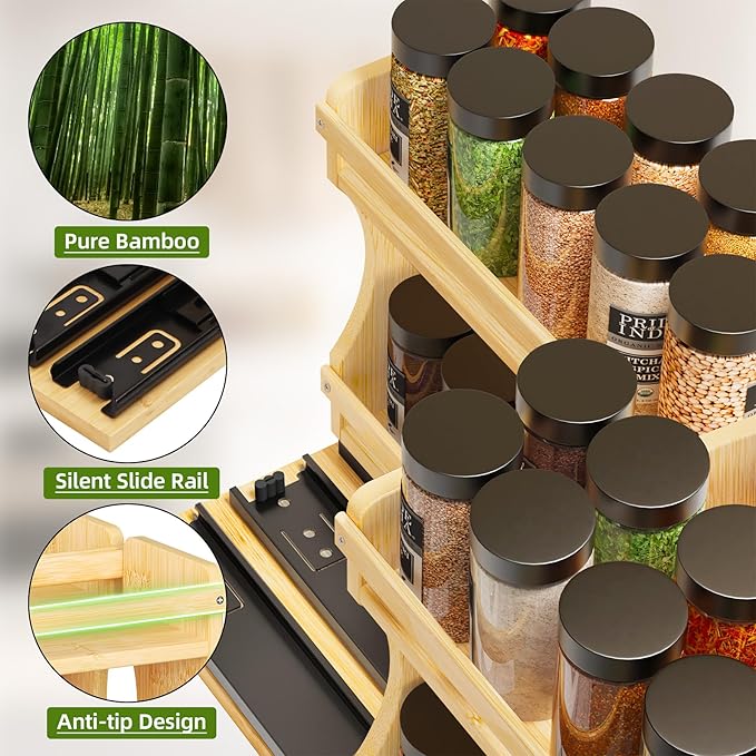 BAMEOS Pull Out Spice Rack Organizer for Cabinet, Bamboo Wide 9" Slide Out Seasoning Organizer for Kitchen, No Drill Anti-Tip Ball Bearing Silent Glides, Pantry Cabinet Organizer, Natural